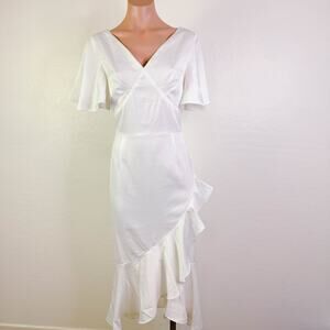 Amy Lynn Eden V-Neck Tea Ruffled Satin Midi Dress White Wedding Party Medium